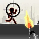 Σκίτσο με μαύρη φιγούρα ανθρώπου σε σκοπευτικό στόχαστρο με φόντο σύγχρονης πόλης και φλόγα από όπλο