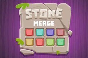 Πέτρινη πλάκα με την επιγραφή STONE MERGE πάνω από πολύχρωμα τετράγωνα σε μωβ φόντο