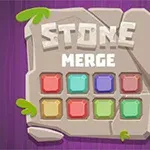 Πέτρινη πλάκα με την επιγραφή STONE MERGE πάνω από πολύχρωμα τετράγωνα σε μωβ φόντο