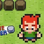 Ένας χαρακτήρας με κόκκινα μαλλιά σε στυλ pixel art στέκεται σε πράσινο τετράγωνο φόντο με καφέ αντικείμενα δίπλα του και τον τίτλο STONE SMACKER