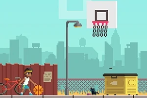 Ένα pixel art σκηνικό πόλης με ένα παιδί που κρατάει μπάλα του μπάσκετ, ποδήλατο, γάτα, κάδο απορριμμάτων και μπασκέτα στο δρόμο