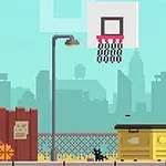 Ένα pixel art σκηνικό πόλης με ένα παιδί που κρατάει μπάλα του μπάσκετ, ποδήλατο, γάτα, κάδο απορριμμάτων και μπασκέτα στο δρόμο