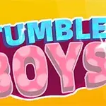 Κείμενο με τη φράση STUMBLE BOYS σε έντονα μπλε και ροζ γράμματα με φόντο κίτρινο και μια μικρή φιγούρα που τρέχει