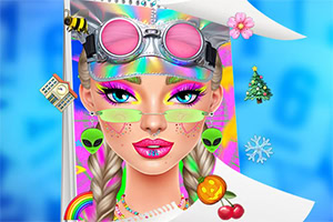 Μια νέα γυναίκα με ροζ γυαλιά, πλεξούδες, και πολύχρωμο μακιγιάζ, περιβαλλόμενη από εικονίδια όπως μέλισσα, καπέλο Χριστουγέννων και φρούτα, πάνω σε έντονο μπλε φόντο