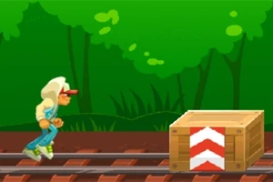 Άτομο σε αθλητική ενδυμασία τρέχει πάνω σε σιδηροδρομικές γραμμές προς ένα ξύλινο κιβώτιο με βέλη, με φόντο δέντρο