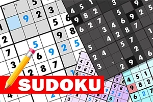 Διάφορα πλέγματα αριθμών σε διαφορετικά χρώματα με ένα μολύβι και τη λέξη SUDOKU σε κόκκινο φόντο