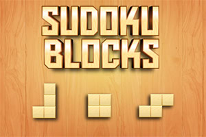 Ο τίτλος Sudoku Blocks είναι τοποθετημένος πάνω από τρία ξύλινα σχήματα σε ξύλινο φόντο