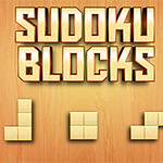 Ο τίτλος Sudoku Blocks είναι τοποθετημένος πάνω από τρία ξύλινα σχήματα σε ξύλινο φόντο