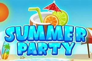 Γράμματα Summer Party με κοκτέιλ και φρούτα σε καλοκαιρινό παραθαλάσσιο τοπίο