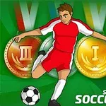 Ποδοσφαιριστής σε κόκκινη στολή κλωτσάει μια μπάλα μπροστά από τρία μετάλλια σε πράσινο φόντο