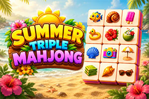 Πολύχρωμο λογότυπο «Summer Triple Mahjong» με πλακίδια ματζόνγκ, τροπικά λουλούδια και ηλιόλουστη παραλία