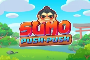 Τίτλος «SUMO PUSH PUSH» με κεφαλή σούμο μπροστά από καταπράσινο τοπίο και γαλάζιο ουρανό με σύννεφα