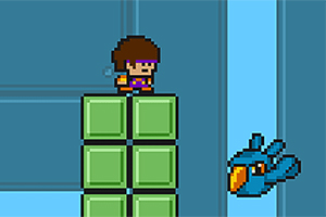 Ένας pixel χαρακτήρας στέκεται πάνω σε πράσινα μπλοκ, με ένα μπλε πουλί να πετάει δεξιά του