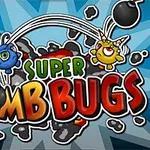 Λογότυπο με πολύχρωμα γράμματα Super Bomb Bugs και δύο καρτουνίστικοι χαρακτήρες ζουζουνιών με βόμβες σε μπλε και κίτρινο φόντο έκρηξης