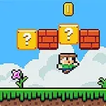 Μια pixel art σκηνή με έναν χαρακτήρα που πηδά ανάμεσα σε τούβλα και κατακόρυφους σωλήνες, με έναν κέρμα από πάνω και ένα λουλούδι στο έδαφος