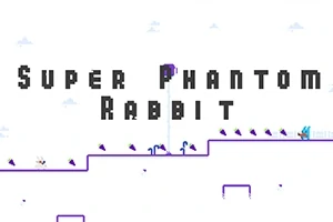 Κείμενο Super Phantom Rabbit με σχήματα πλατφόρμας και ένα μπλε λαγουδάκι σε λευκό φόντο