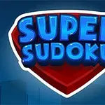 Τίτλος με τη φράση SUPER SUDOKU σε μπλε χρώμα πάνω από κόκκινη ασπίδα