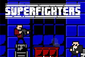 Δύο pixel χαρακτήρες με όπλα σε μπλε φόντο, με τον τίτλο SUPERFIGHTERS στην κορυφή