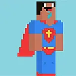 Εικονογραφημένος, pixel art χαρακτήρας με στολή σούπερ ήρωα σε μπλε και κόκκινες αποχρώσεις, με κάπα και σύμβολο καρδιάς στο στήθος