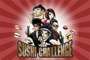 Πέντε χαρακτήρες με στυλ anime κρατούν σούσι και chopsticks, με κόκκινο ριγέ φόντο