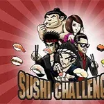 Πέντε χαρακτήρες με στυλ anime κρατούν σούσι και chopsticks, με κόκκινο ριγέ φόντο