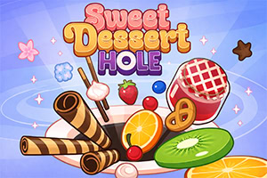 Πολύχρωμη εικονογράφηση με τον τίτλο «Sweet Dessert Hole» και γύρω του διάφορα γλυκίσματα και φρούτα όπως ρολά γκοφρέτας, ντόνατ, φράουλα, ακτινίδιο, φέτα πορτοκαλιού, καραμέλες και μπισκότα σε γαλάζιο φόντο