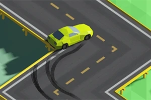 Κίτρινο αυτοκίνητο κάνει ελιγμό και αφήνει ίχνη από λάστιχα σε τσιμεντένιο δρόμο με πλευρικές μπάρες