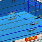 Κολυμβητές που διαγωνίζονται σε πισίνα, οριοθετημένοι με έγχρωμες γραμμές διαδρομών