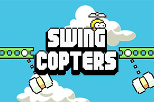 Γραφικά με σύννεφα, τη λέξη SWING COPTERS και χαρακτήρα με έλικα στο κεφάλι σε μπλε φόντο