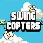 Γραφικά με σύννεφα, τη λέξη SWING COPTERS και χαρακτήρα με έλικα στο κεφάλι σε μπλε φόντο