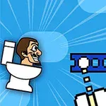 Άντρας σε τουαλέτα με μπλε φόντο και γραφικά πίξελ