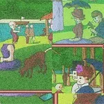 Ζωγραφιά με ανθρώπους και ζώα σε πράσινο τοπίο με δέντρα, ομπρέλες και σκηνές καθημερινής ζωής
