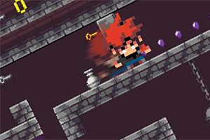 Ένας pixelated χαρακτήρας με κόκκινα μαλλιά τρέχει σε ένα δισδιάστατο λαβύρινθο με φόντο από λιθοδομή, συλλέγοντας μωβ και χρυσά αντικείμενα