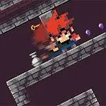 Ένας pixelated χαρακτήρας με κόκκινα μαλλιά τρέχει σε ένα δισδιάστατο λαβύρινθο με φόντο από λιθοδομή, συλλέγοντας μωβ και χρυσά αντικείμενα