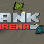 Η εικόνα δείχνει το pixel art σχέδιο με τη λέξη TANK ARENA στο κέντρο και μικρά άρματα μάχης γύρω από αυτό
