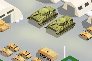 Δύο πράσινα άρματα μάχης και διάφορα στρατιωτικά οχήματα σε μια βάση με υπόστεγα