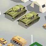 Δύο πράσινα άρματα μάχης και διάφορα στρατιωτικά οχήματα σε μια βάση με υπόστεγα