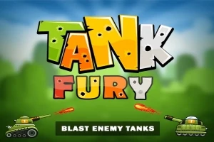 Γράμματα TANK FURY με πολύχρωμη γραμματοσειρά και δύο κινούμενα άρματα μάχης που πυροβολούν