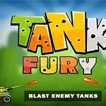 Γράμματα TANK FURY με πολύχρωμη γραμματοσειρά και δύο κινούμενα άρματα μάχης που πυροβολούν