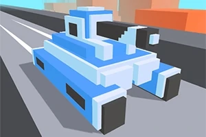 Μπλε και άσπρο pixelated τανκ σε αστικό περιβάλλον με κτίρια στο φόντο