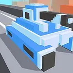 Μπλε και άσπρο pixelated τανκ σε αστικό περιβάλλον με κτίρια στο φόντο