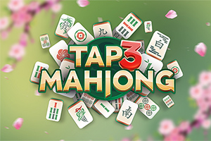 Πλακάκια Mahjong με το κείμενο Tap 3 Mahjong σε πράσινο φόντο με ροζ άνθη κερασιάς