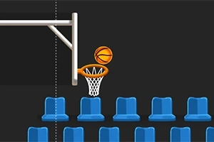 Μια μπάλα μπάσκετ αιωρείται πάνω από τη στεφάνη ενός καλαθιού με φόντο μπλε καρέκλες θέασης