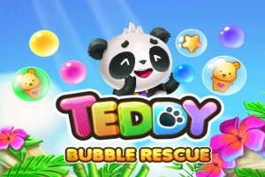Ένα χαρούμενο panda ανάμεσα σε πολύχρωμες φούσκες και διακοσμητικά στοιχεία της ζούγκλας, με έντονα γράμματα στη μέση