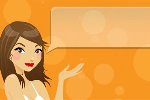 Γυναίκα με καστανά μαλλιά και κόκκινα χείλη σε πορτοκαλί φόντο με κενή ομιλία