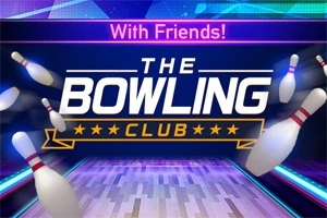 Το λογότυπο The Bowling Club με εικόνα κορίνων του bowling σε φόντο από πίστα bowling