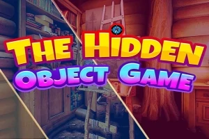Έντονος τίτλος The Hidden Object Game σε πολύχρωμο φόντο με εικόνες ενός ξύλινου δωματίου και ραφιού γεμάτου βιβλία και αντικείμενα