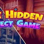 Έντονος τίτλος The Hidden Object Game σε πολύχρωμο φόντο με εικόνες ενός ξύλινου δωματίου και ραφιού γεμάτου βιβλία και αντικείμενα