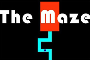 The Maze Game Λευκός τίτλος The Maze σε μαύρο φόντο με κόκκινο και μπλε λαβύρινθο