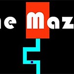 The Maze Game Λευκός τίτλος The Maze σε μαύρο φόντο με κόκκινο και μπλε λαβύρινθο
